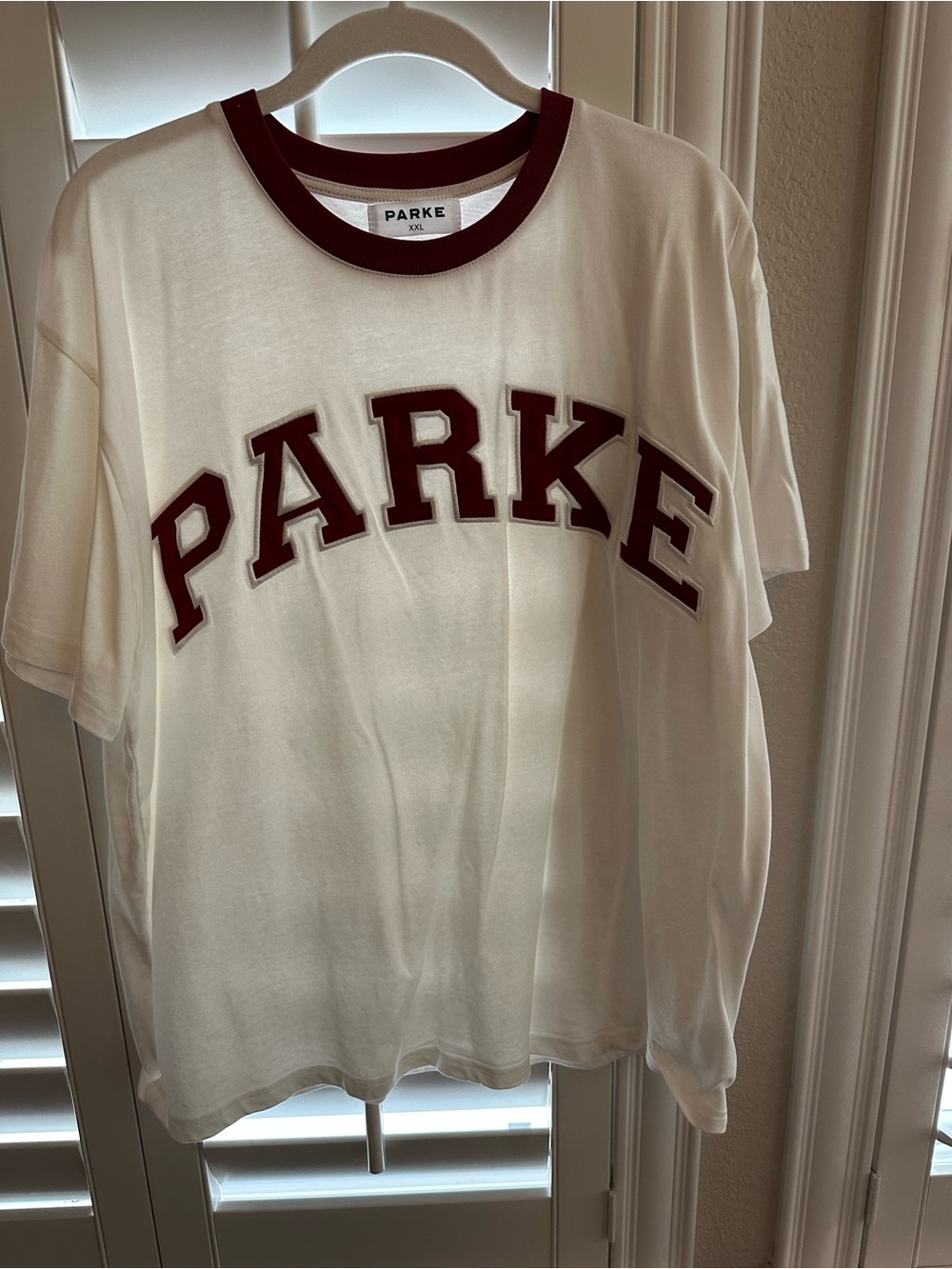 Parke White Tee with Maroon Lettering Varsity Tee